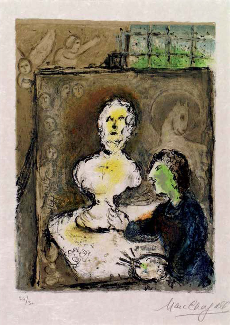 Frontispice, T.I, Marc Chagall, 1974, lithographie. A 1 ;  Nice, Mus.e Chagall ˝ mus.es nationaux du XX.me si.cle des Alpes-Maritimes/  Photo Patrick G.rin 2006 ; ˝ 2019 ADAGP, Paris.