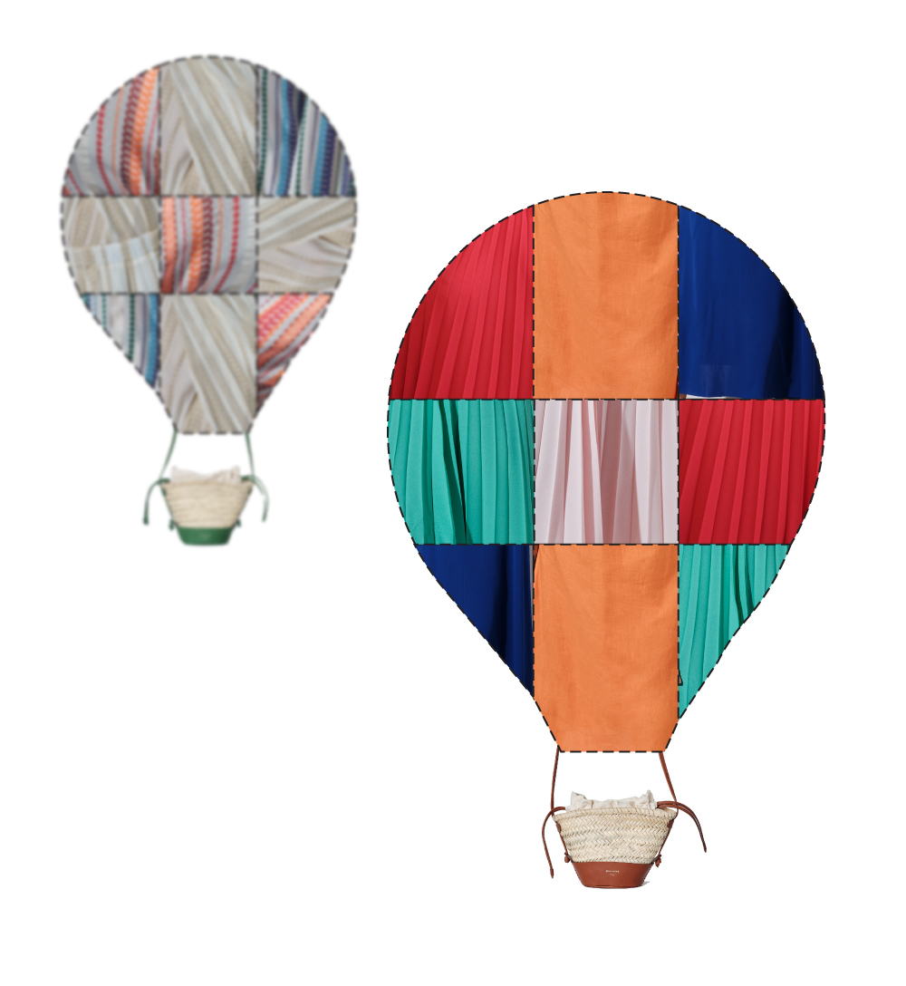 Colorful hot-air balloons with Zeus+Dione's SS '22 Collection's fabrics and ''thalassini'' bag as baskets